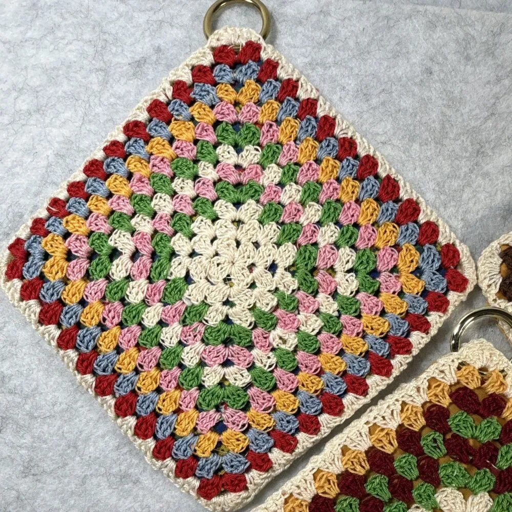 Handmade Crocheted Granny Square Potholders Set of 3 Multicolor w/ Rings